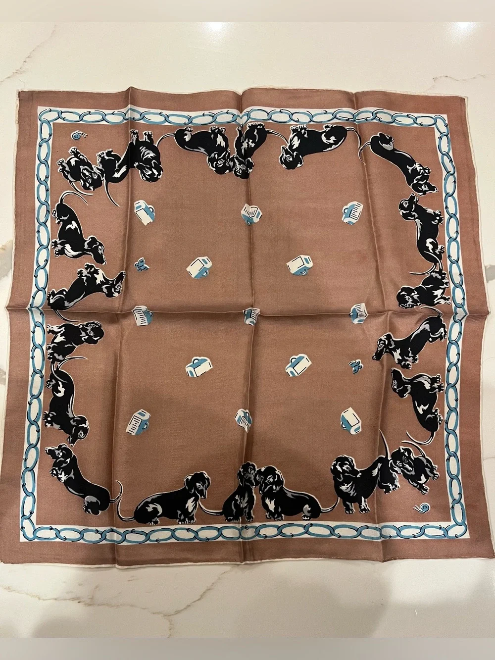 Vintage Baar & Beards inc hand rolled pure silk dusty purple and black dog scarf